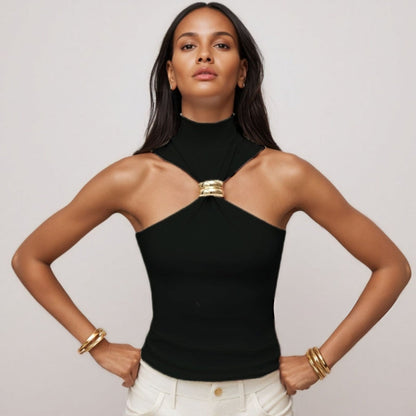 Elegant women's Doria tank top with a sleek contour fit and distinctive gold ring accent. Versatile summer wear.