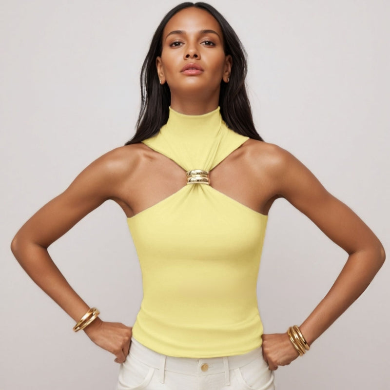 Women's Doria contour fit sleeveless tank top. Features an elegant gold ring accent for a sophisticated look.