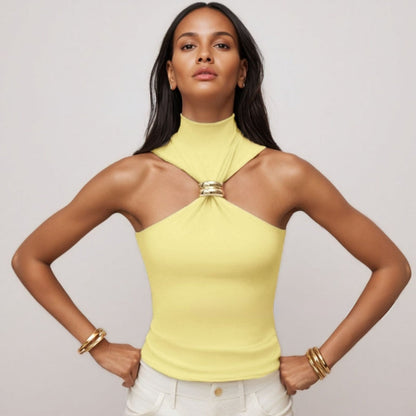 Women's Doria contour fit sleeveless tank top. Features an elegant gold ring accent for a sophisticated look.