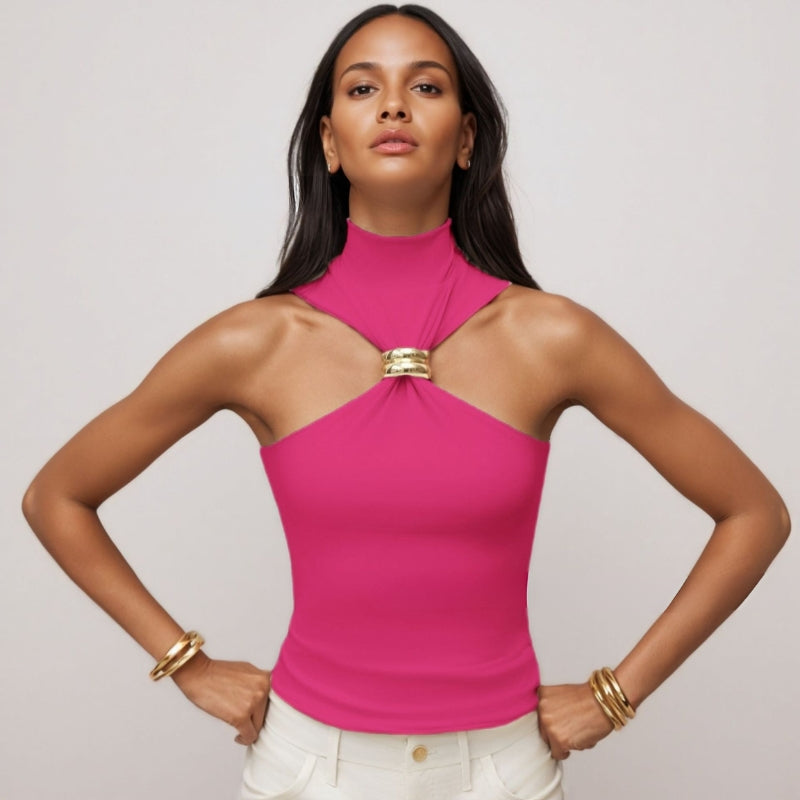 Doria women's tank top, contour fit, with an elegant gold ring accent. Ideal chic summer apparel.