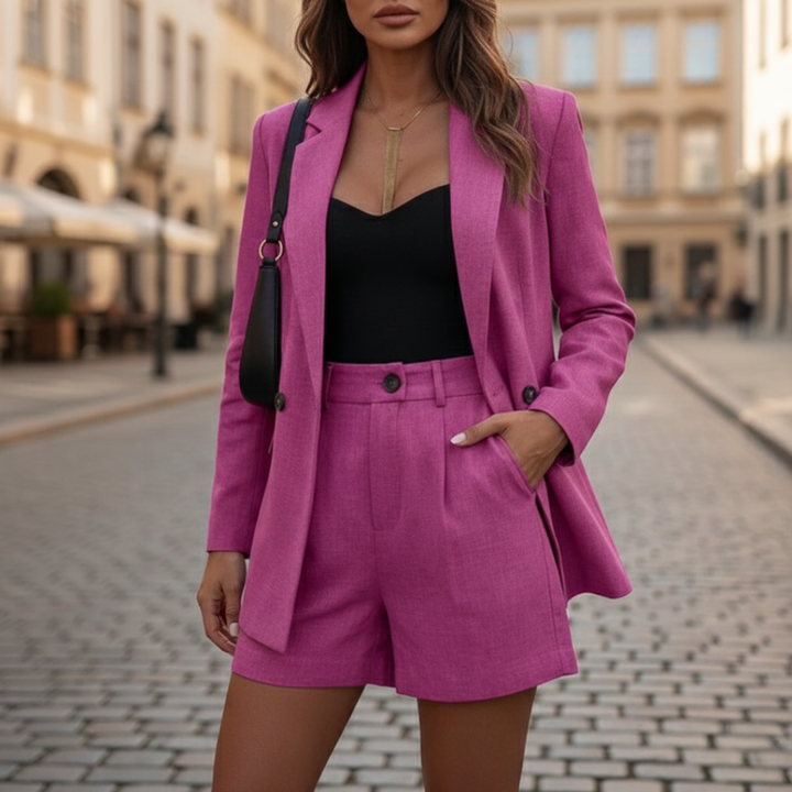 Woman posing in a double-breasted blazer and tailored shorts suit set, ideal for professional summer style.