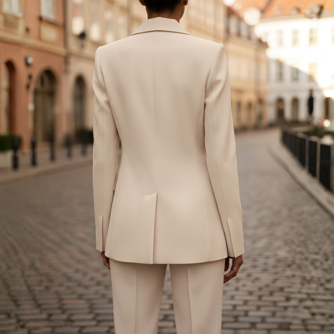 Chic women's double-breasted blazer and straight leg pant business suit. Modern professional office fashion.