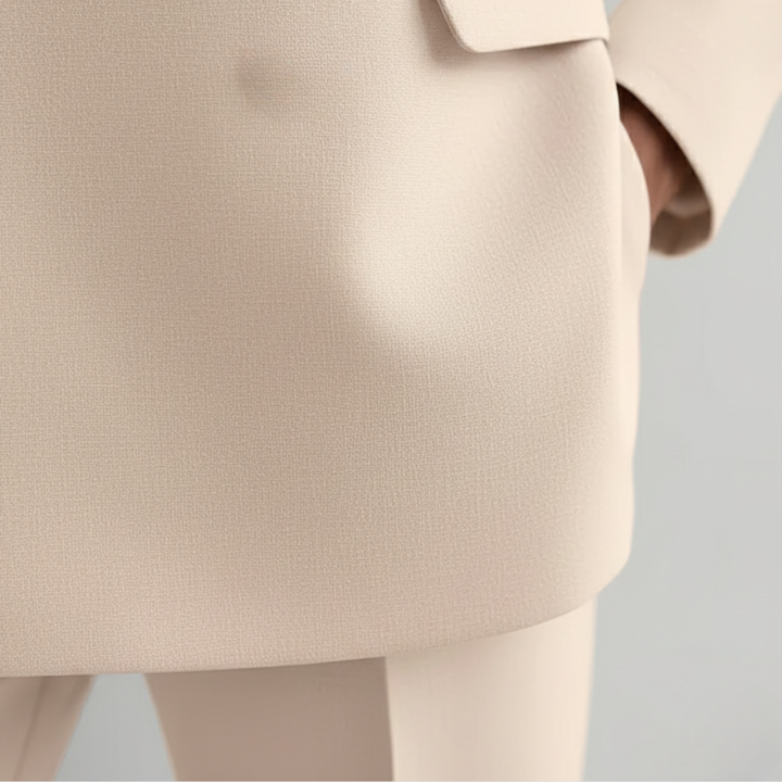 Elegant tailored women's double-breasted blazer with straight leg pants. A sophisticated two-piece suit set.