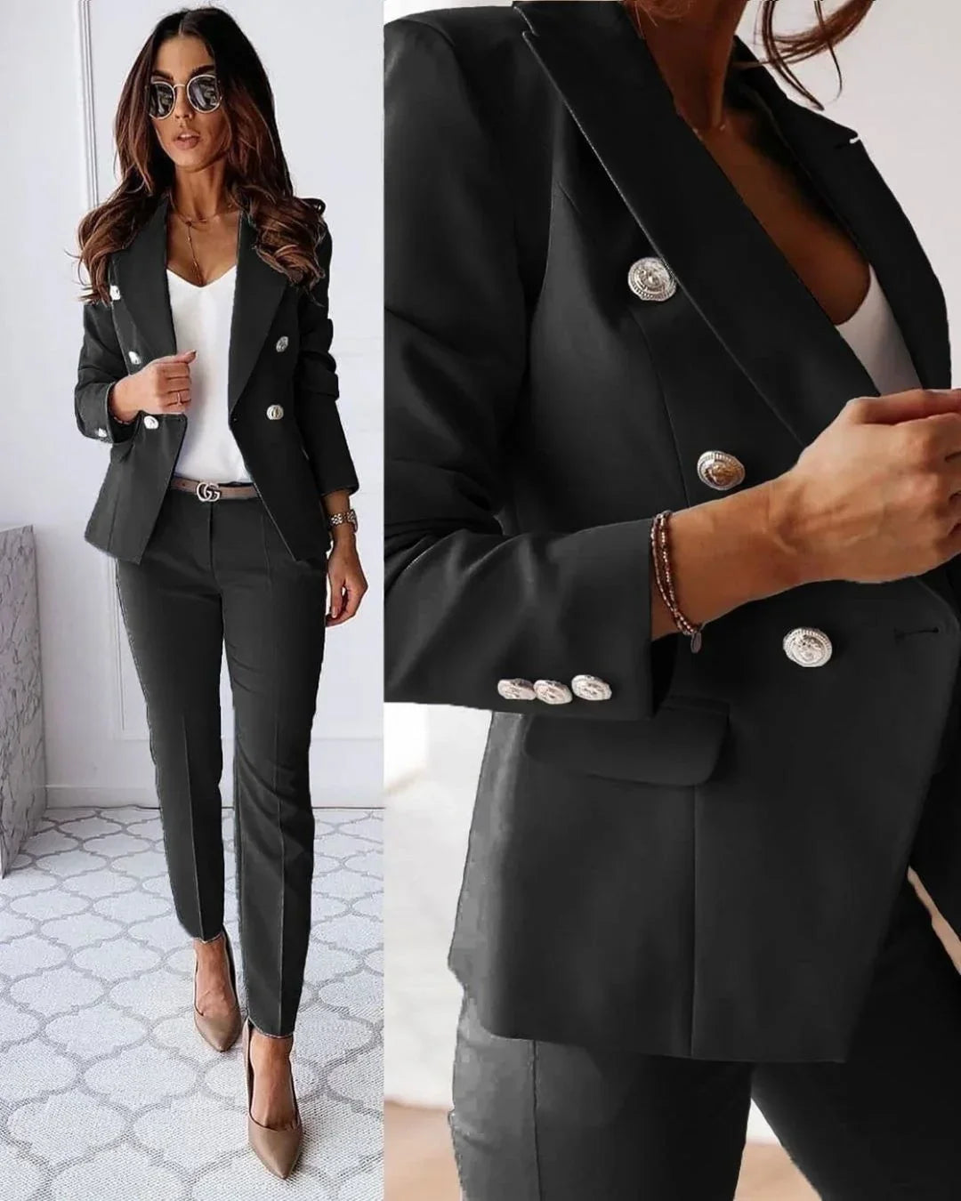 Women's double-breasted suit, tailored blazer & trousers set. Professional office wear for women.