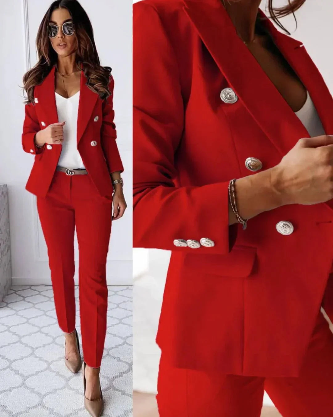 Stylish women's tailored double-breasted blazer & trousers set. Ideal professional business attire.