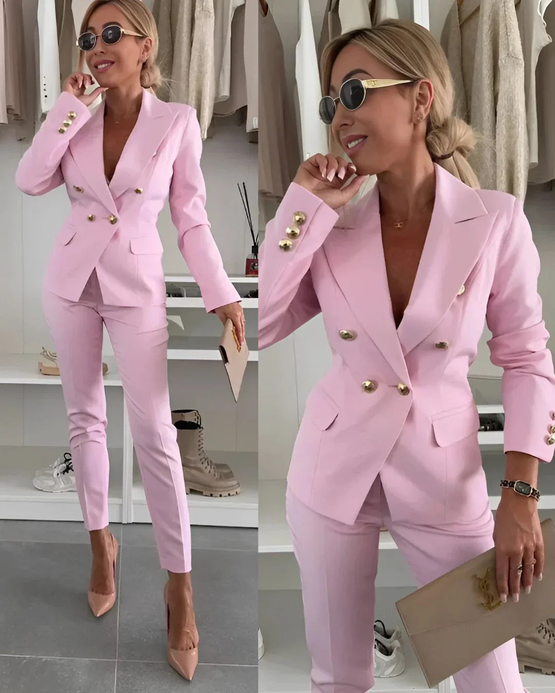 Modern women's two-piece suit: double-breasted blazer & trousers. Essential professional office wear.