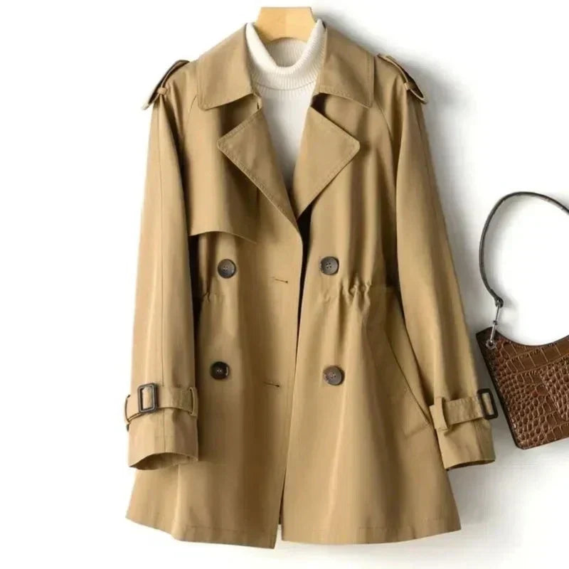 Versatile women's belted trench coat, perfect for fall or spring. Double-breasted classic long jacket style.