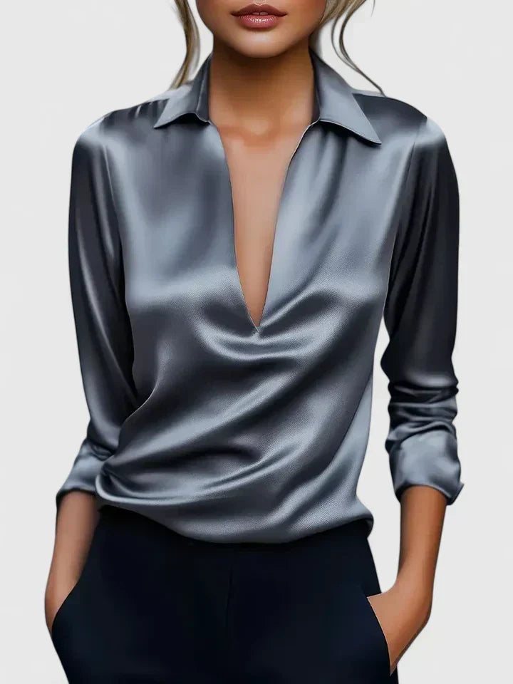 Modern women's draped V-neck long sleeve blouse. Relaxed fit for effortless chic & sophistication.