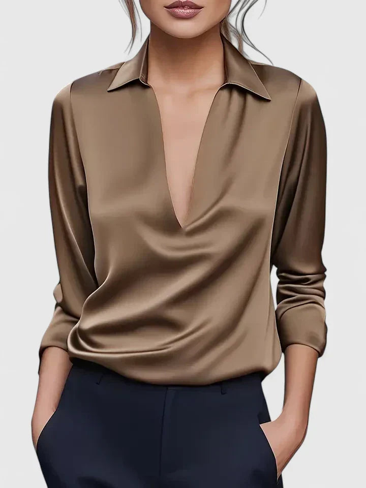 Draped V-neck long sleeve blouse for women. Effortlessly chic, suitable for professional or evening wear.