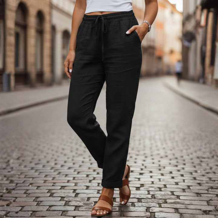 Women's relaxed fit drawstring tapered summer pants, offering ultimate comfort and an easy everyday style.