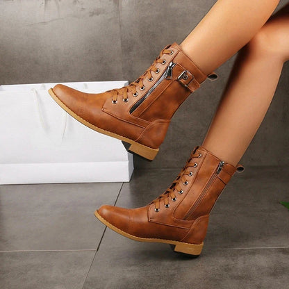 Women's durable brown lace-up ankle boots for fall & winter, comfortable for everyday wear, sturdy fashion footwear.