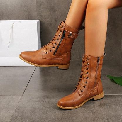 Stylish black women's lace-up ankle boots, durable & versatile for all-day comfort, perfect for fall fashion.