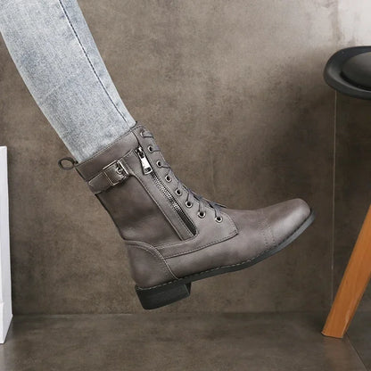 Comfortable black women's ankle boots, lace-up design, durable and fashionable for fall & winter outfits.