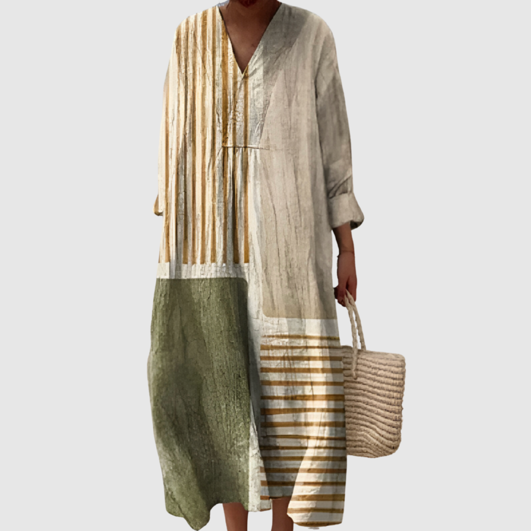 Women's Earth-Tone Abstract Panel Maxi Dress. V-neck, long sleeve, boho chic. Comfortable for spring & fall.