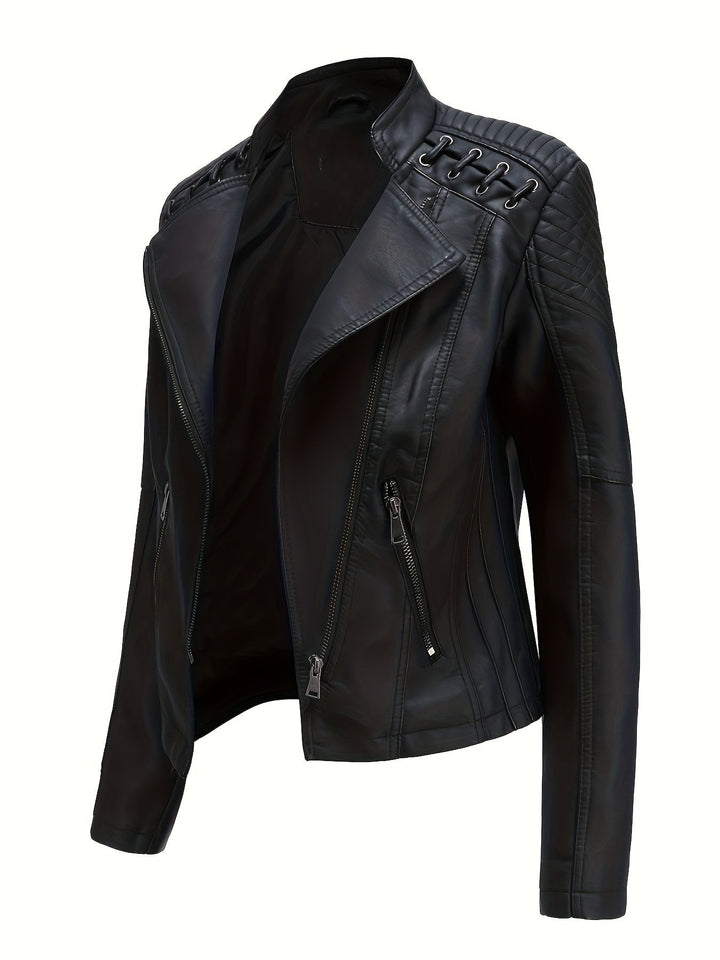 Women's edgy moto jacket with studded shoulders & asymmetric zip, perfect for a bold fashion statement.