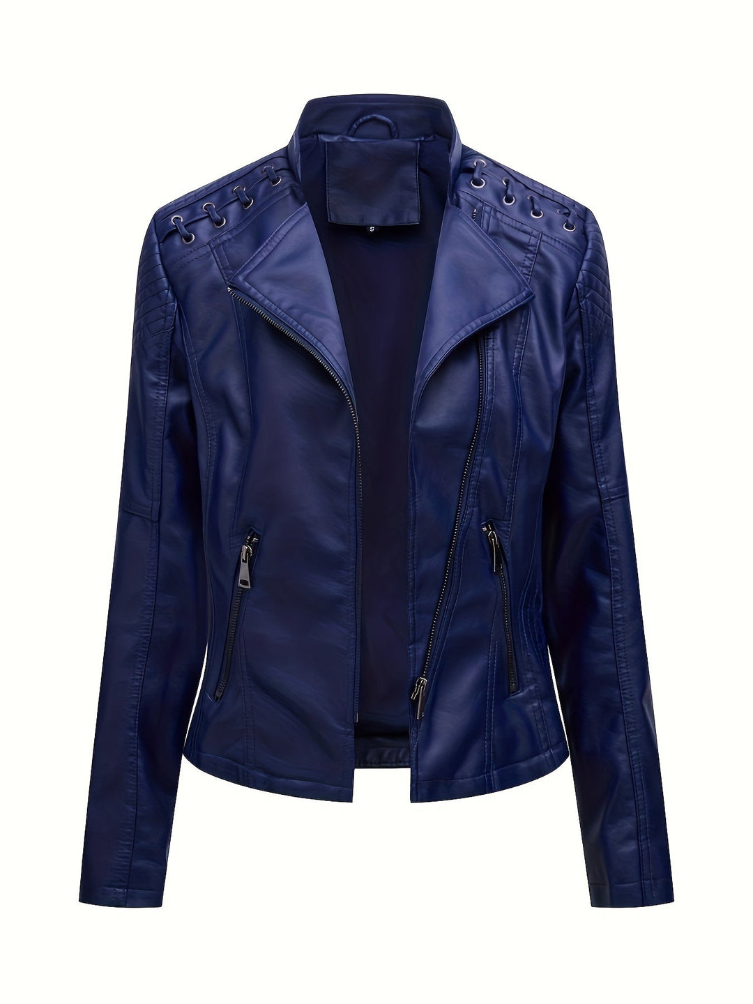 Trendy women's biker jacket: edgy moto style with striking studded shoulders & cool asymmetric zip.