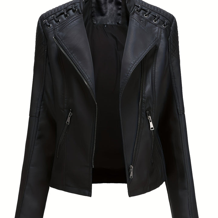 Women's fashion jacket showcasing an asymmetric zip and edgy studded shoulders for a bold moto look.