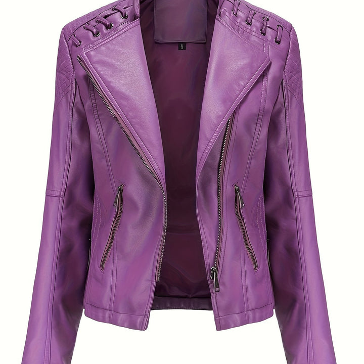 Experience edgy fashion with this women's moto jacket, featuring studded shoulders and asymmetric zip.