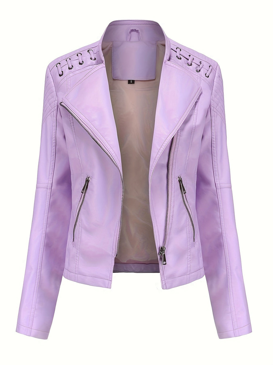 Stylish women's biker jacket featuring studded shoulders and an edgy asymmetric zipper design.