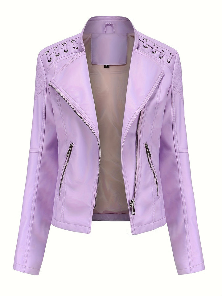 Stylish women's biker jacket featuring studded shoulders and an edgy asymmetric zipper design.