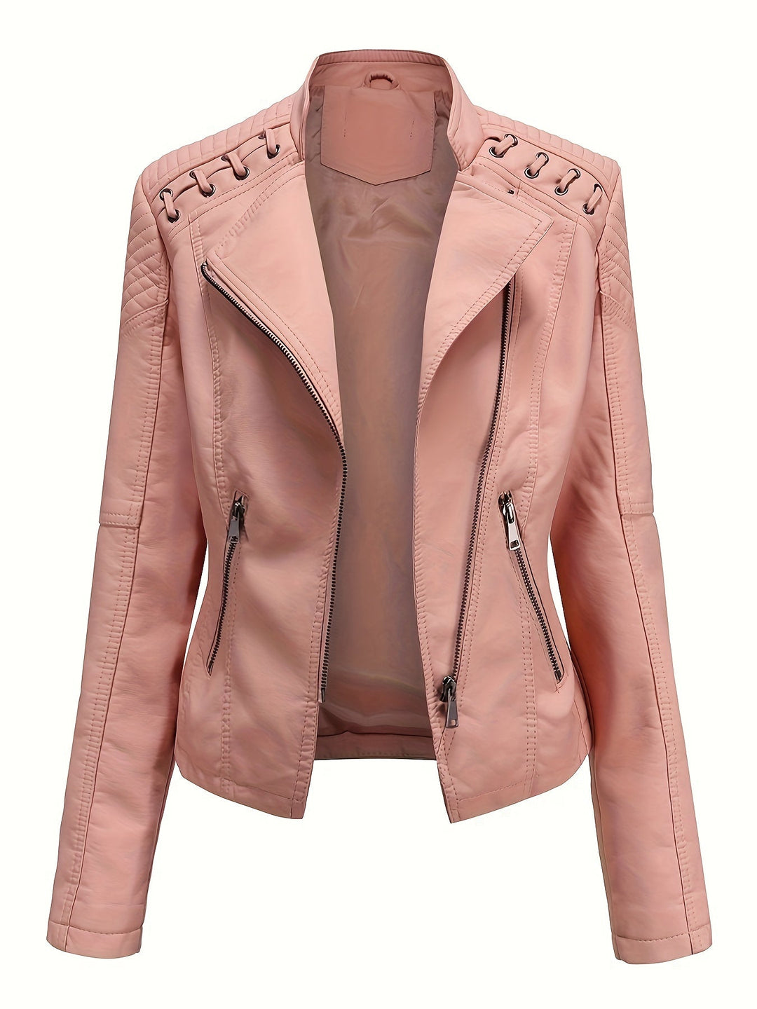 Edgy women's outerwear: moto jacket with bold studded shoulders and sleek asymmetric zip closure.