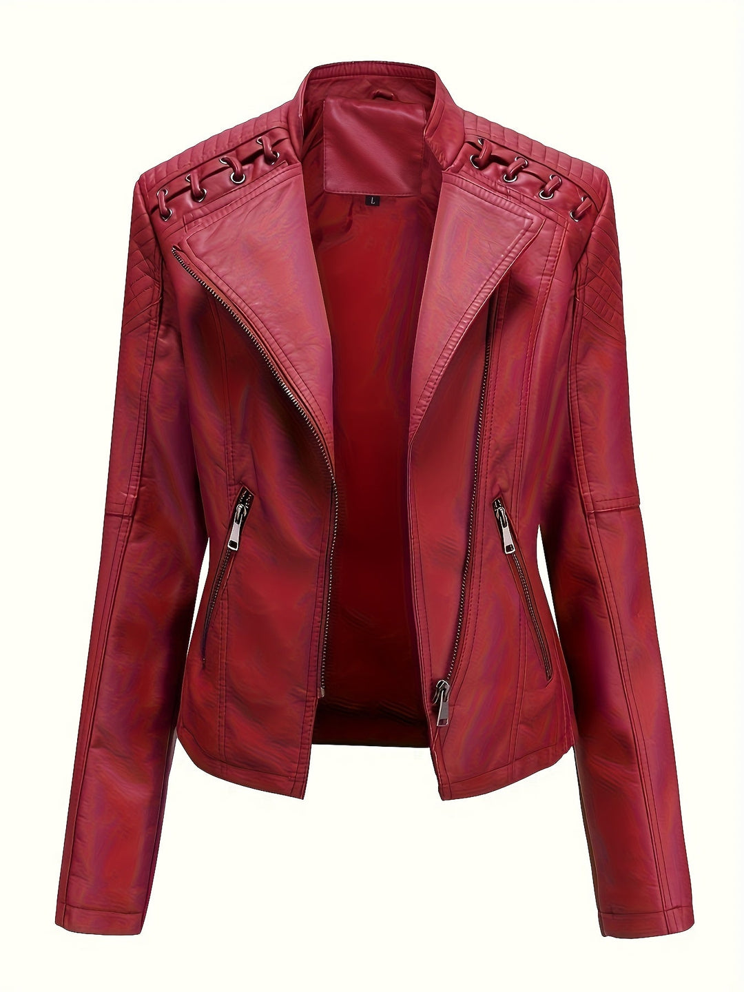 Statement women's jacket: moto style with prominent studded shoulders & unique asymmetric zipper.