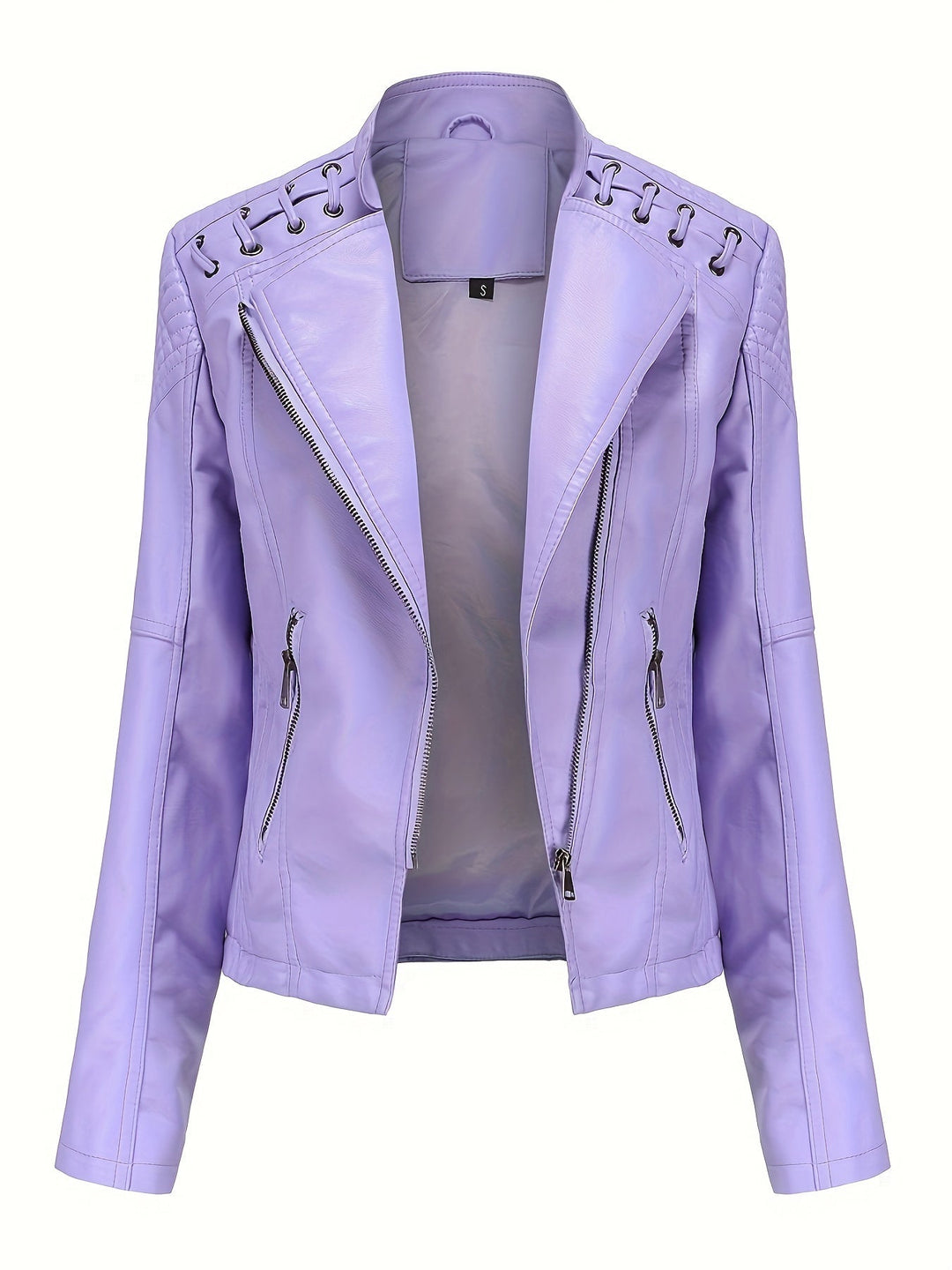 Fashionable women's moto jacket, ideal for casual or evening wear, with edgy studs & asymmetric zip.