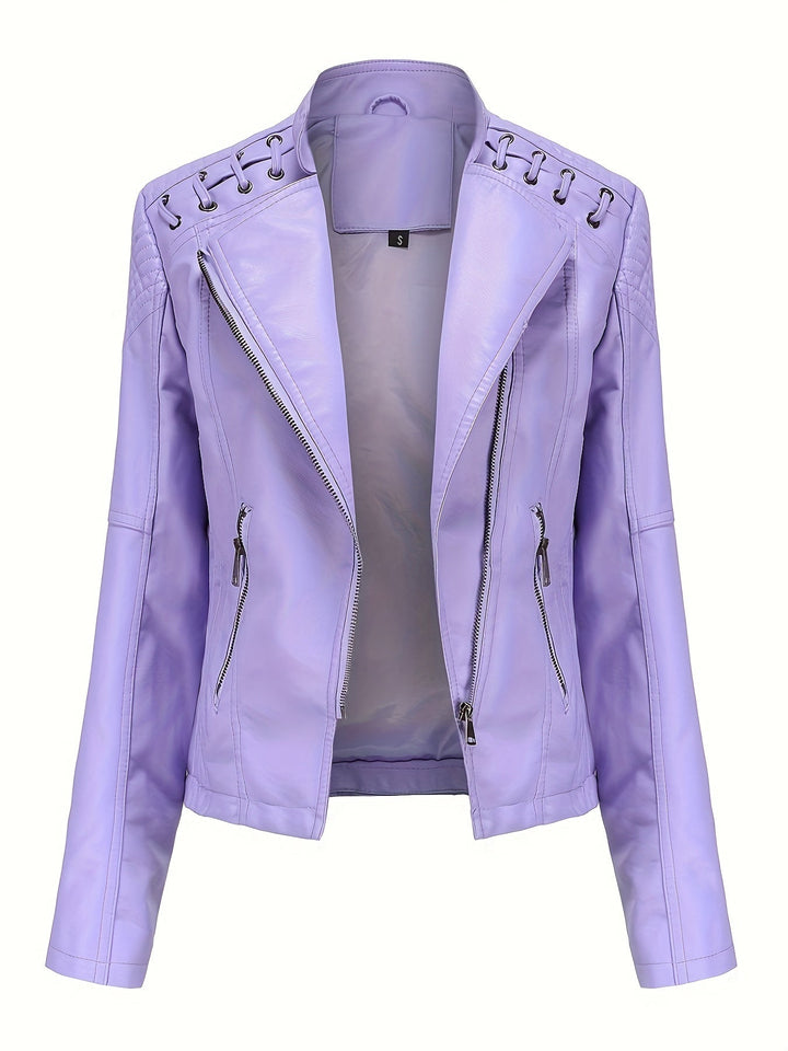 Fashionable women's moto jacket, ideal for casual or evening wear, with edgy studs & asymmetric zip.