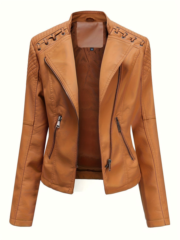Women's studded moto jacket; edgy design, asymmetric zip, and notch lapel for a chic biker look.