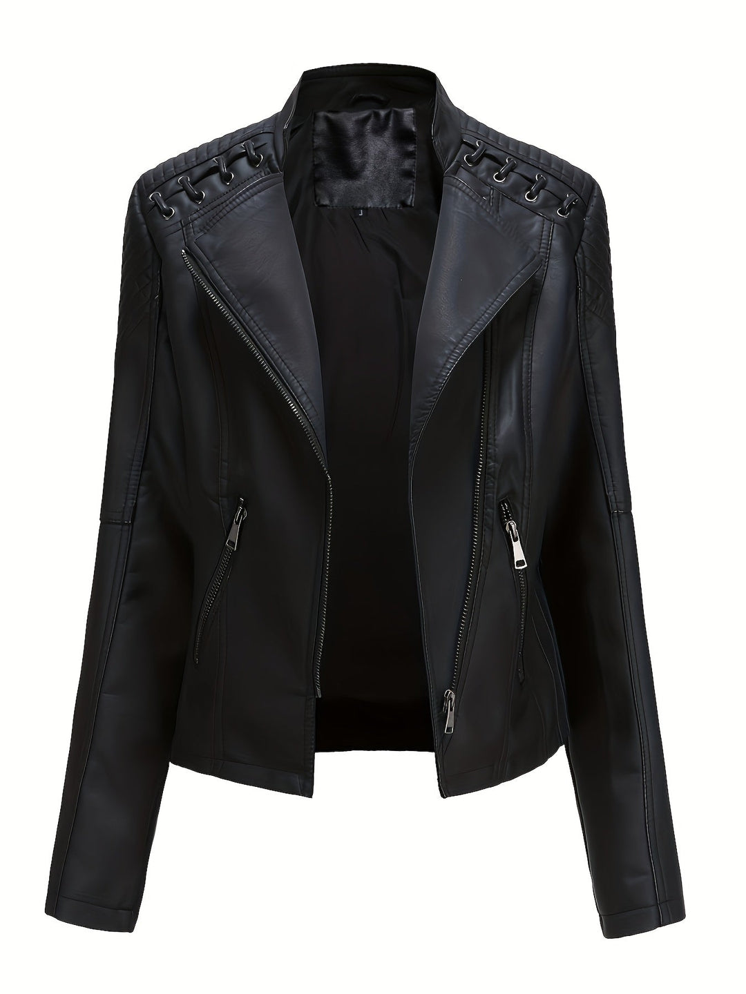 Women's stylish outerwear: edgy moto jacket with studded shoulders and practical asymmetric zip closure.