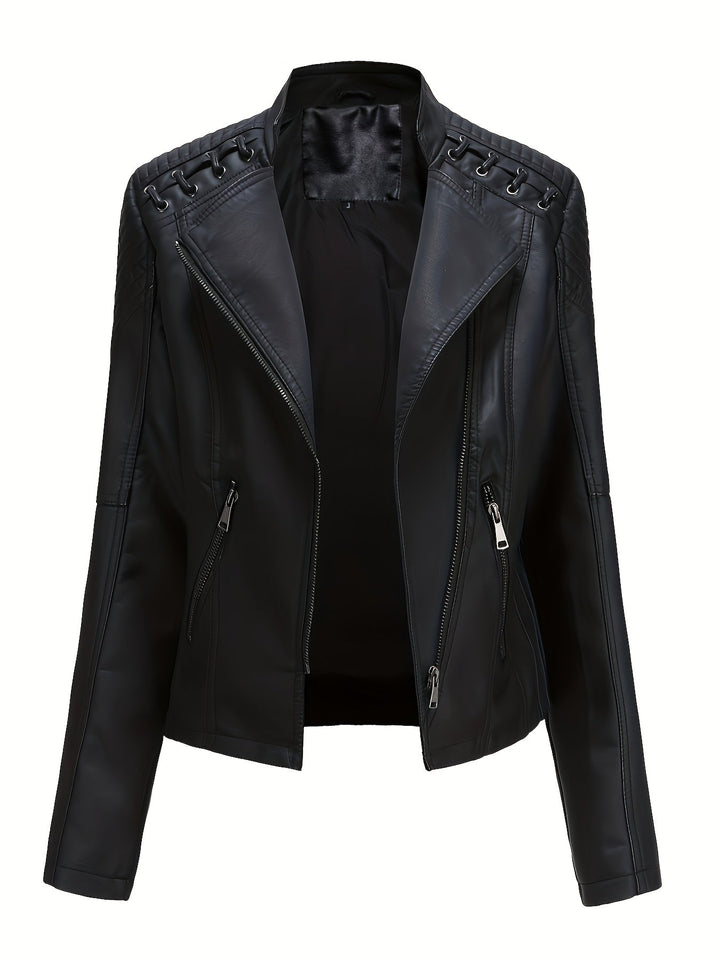 Women's stylish outerwear: edgy moto jacket with studded shoulders and practical asymmetric zip closure.