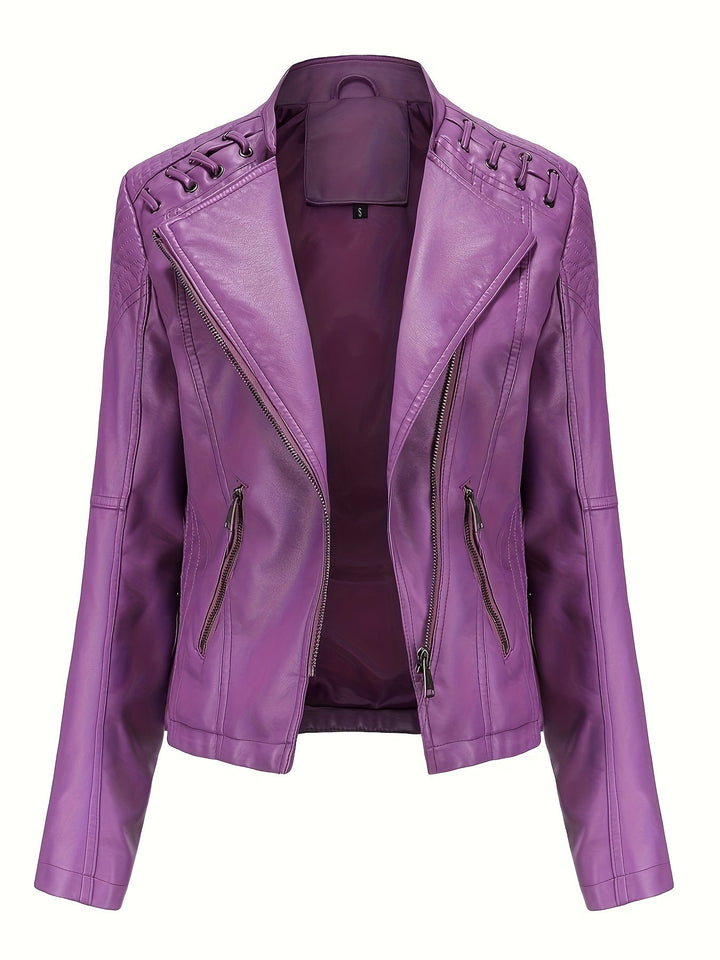 Complete the look with this edgy women's moto jacket, featuring studded shoulders and asymmetric zip.