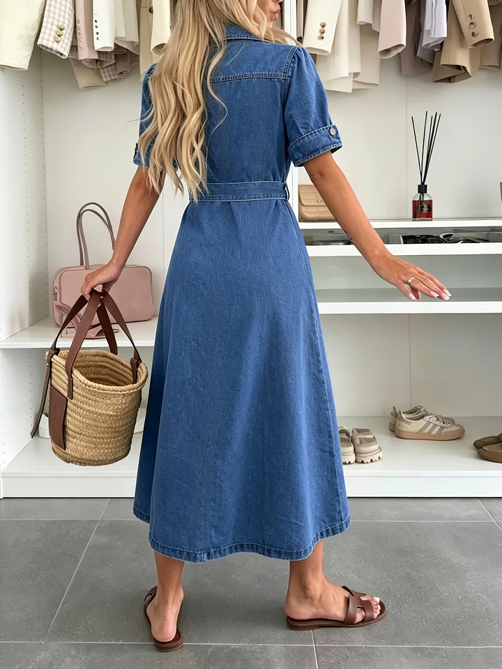 Chic women's blue denim dress, featuring a full button front, flattering belt, and elegant puff sleeves for everyday.