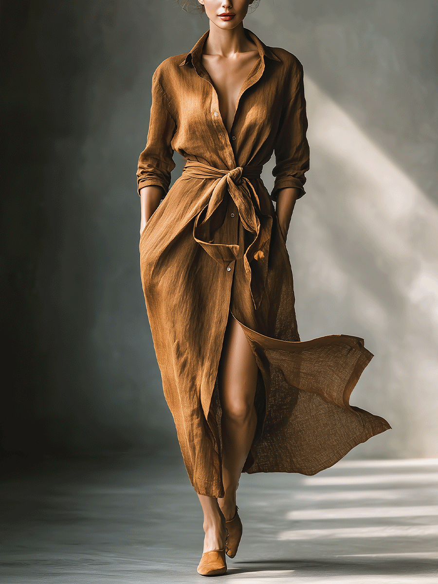 Women's effortless brown V-neck maxi shirt dress with a stylish tie waist detail.