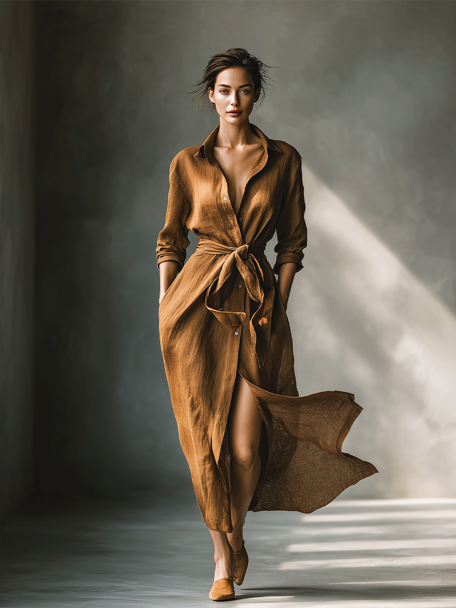 Casual brown long sleeve maxi shirt dress for women, featuring a flattering V-neck.