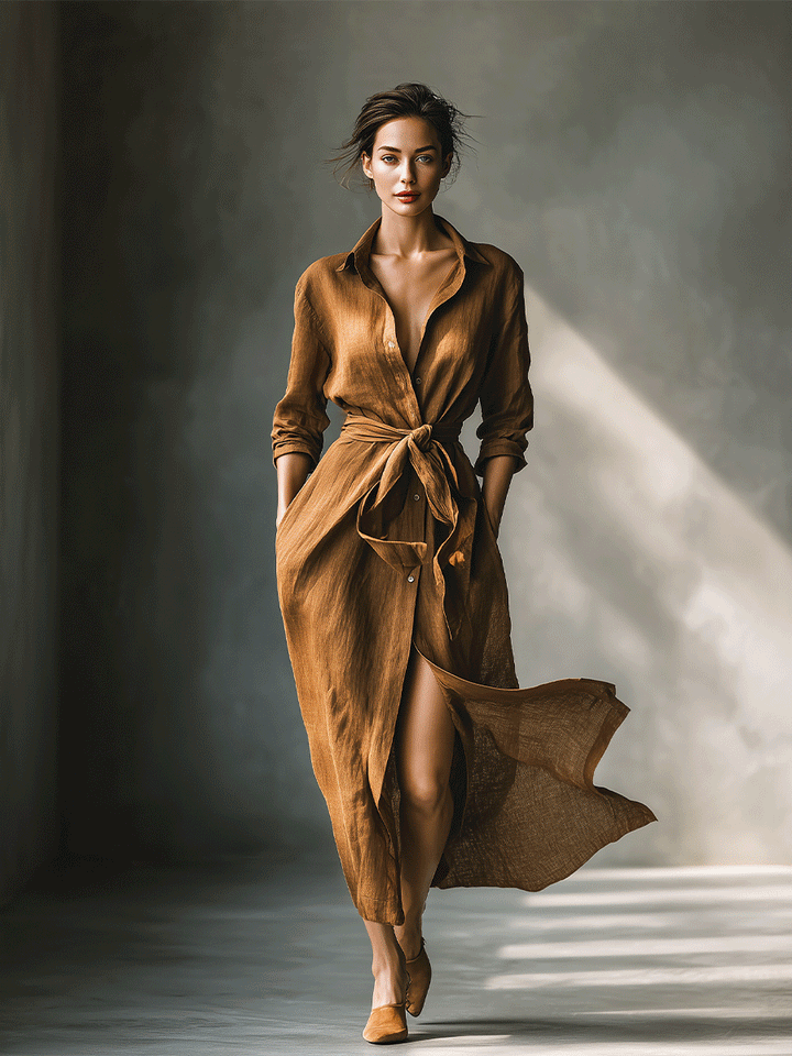Casual brown long sleeve maxi shirt dress for women, featuring a flattering V-neck.