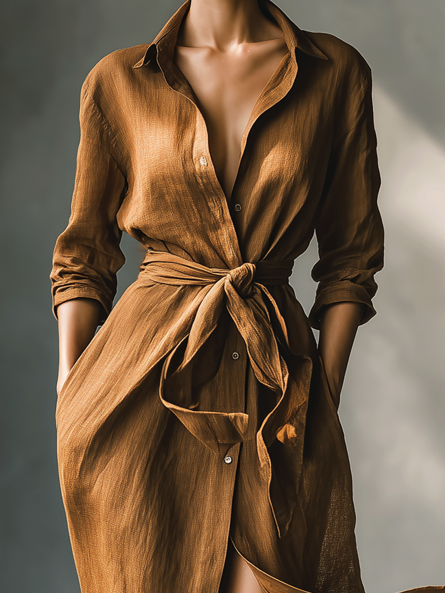 Versatile women's brown tie waist shirt dress, a comfortable V-neck maxi for everyday fashion.