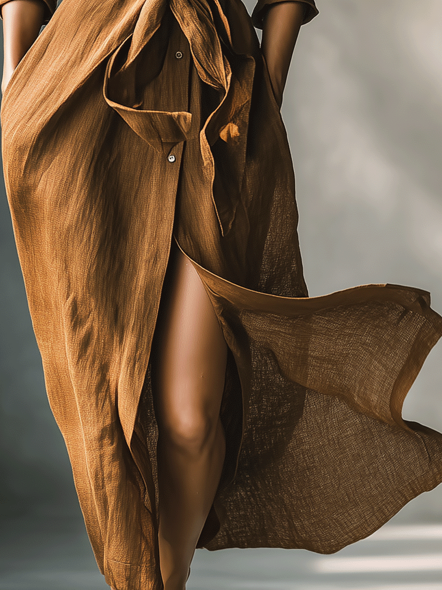 Effortless brown V-neck long sleeve maxi dress for women, with an adjustable tie waist.