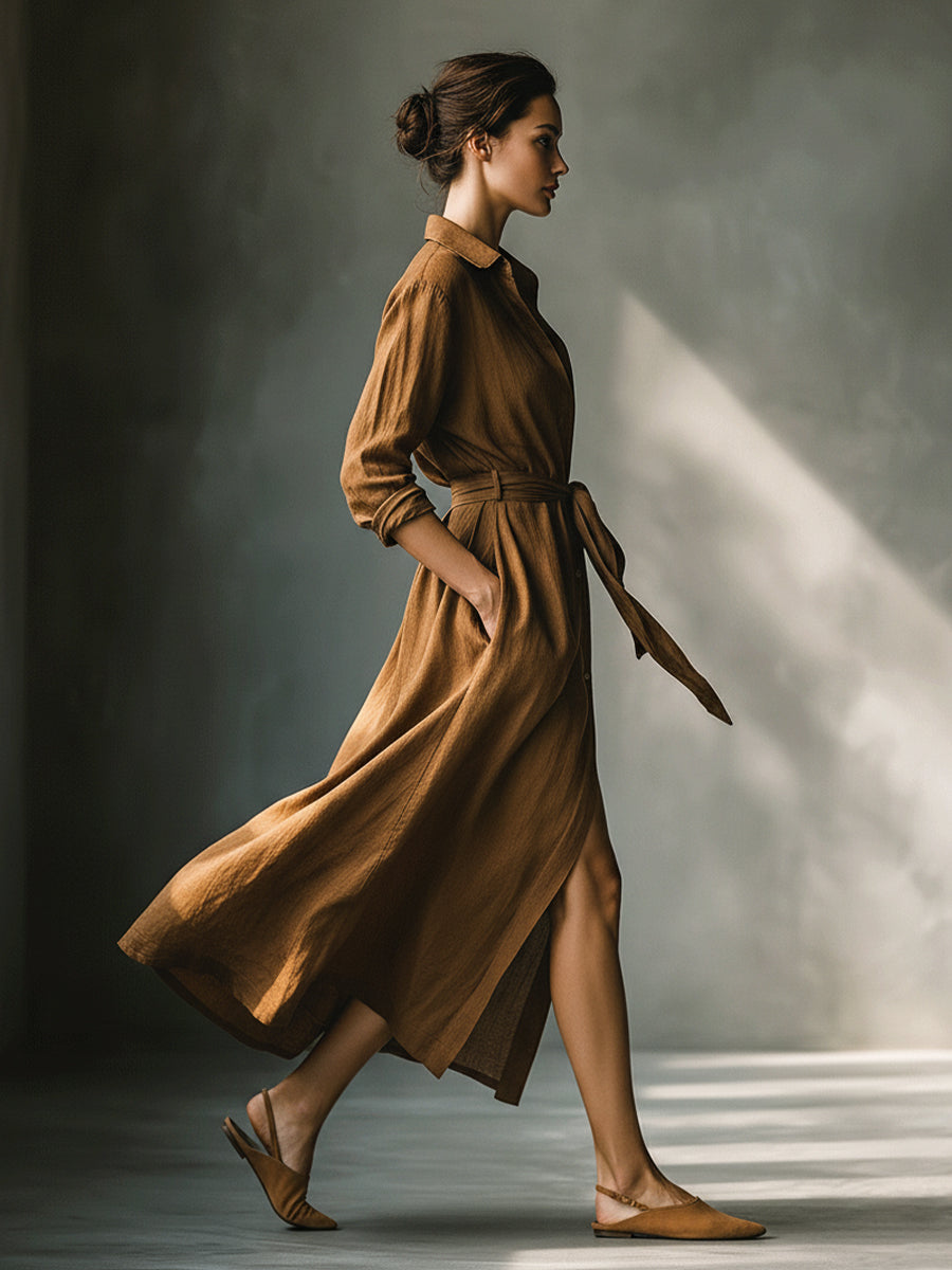 Stylish women's brown V-neck shirt dress, a maxi length perfect for a relaxed yet chic look.