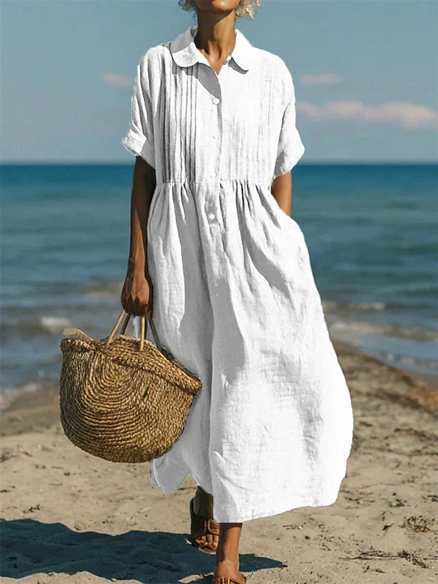 Women's effortless casual midi shirt dress in a relaxed fit, perfect for comfortable everyday wear or summer fashion.