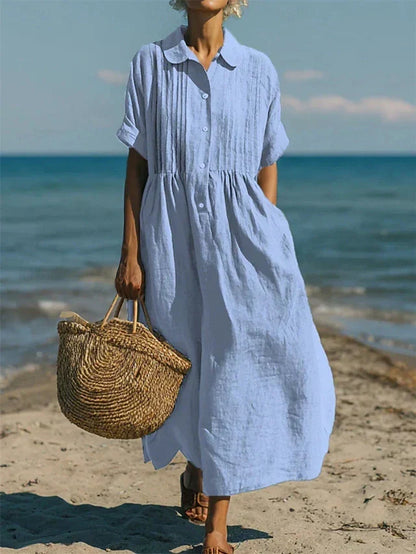 Button-down casual midi dress for women, flowy and versatile, ideal for spring style and elegant everyday wear.