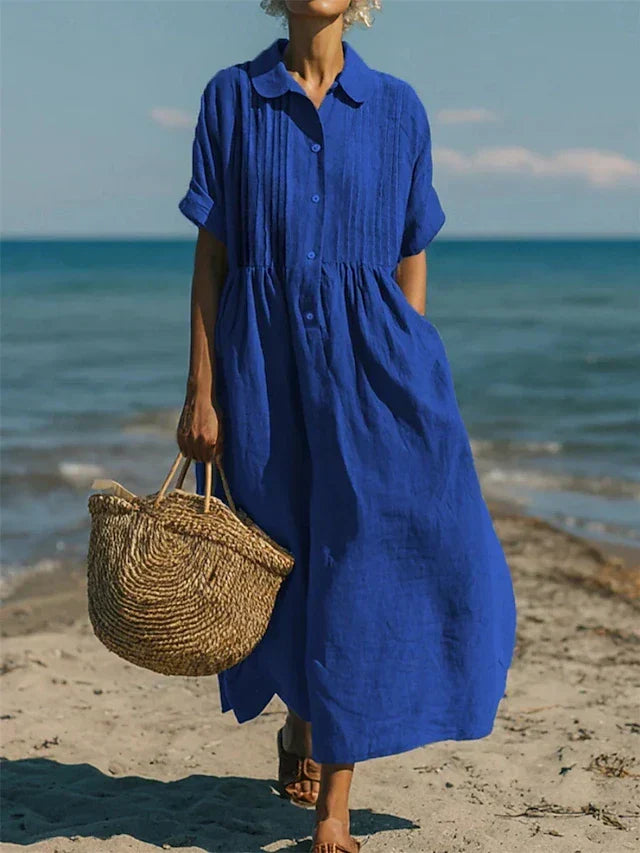Comfortable women's casual midi dress, perfect for spring/summer fashion, with a relaxed, flowy fit.
