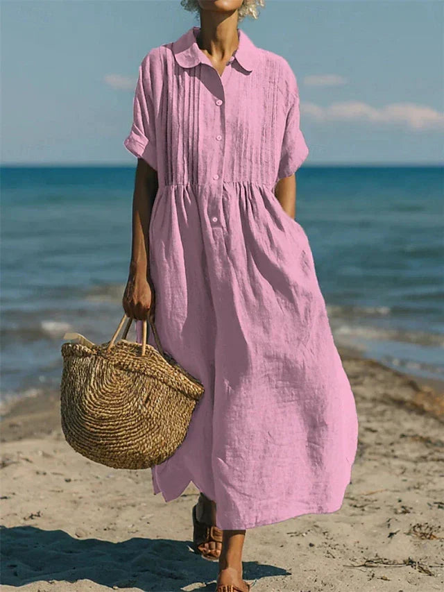 Elegant casual women's midi shirt dress, button-down, versatile for everyday wear and relaxed summer style.