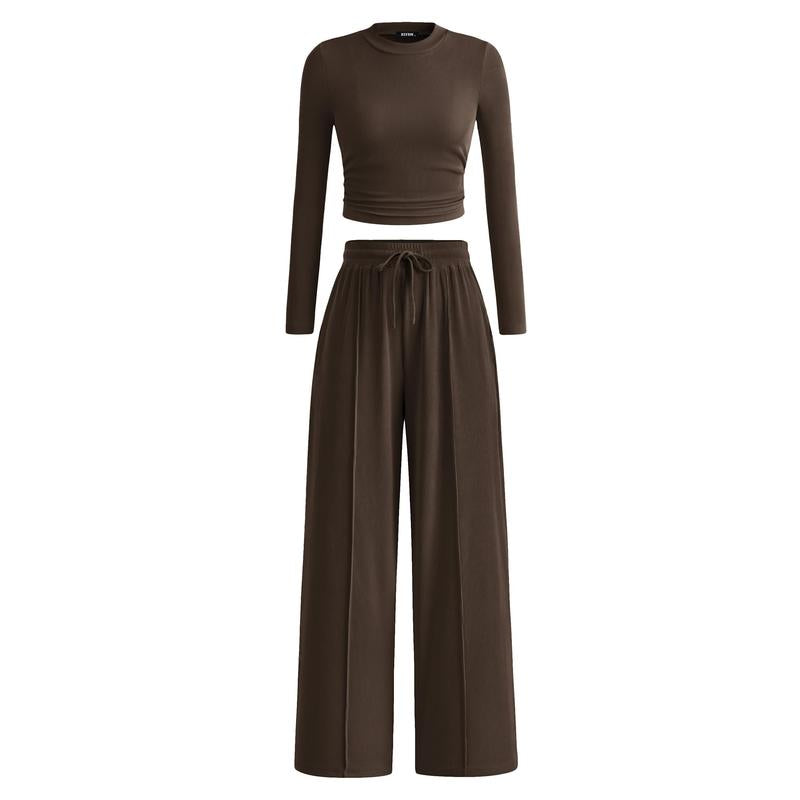 Effortless chic women's two-piece modal lounge set, featuring wide-leg pants for ultimate casual comfort.