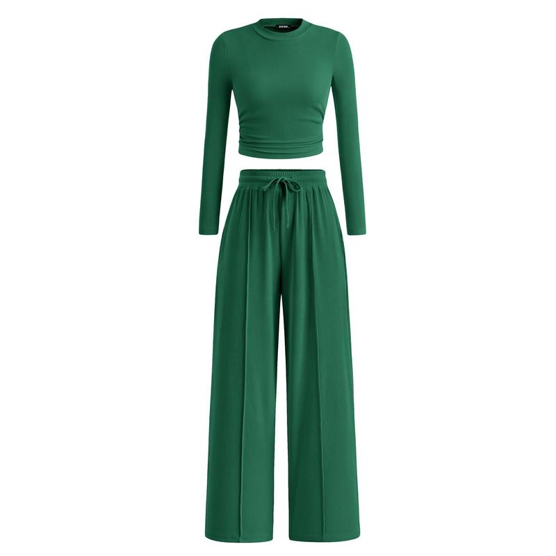 Comfortable women's modal blend loungewear set, a stylish two-piece with wide-leg pants for relaxation.
