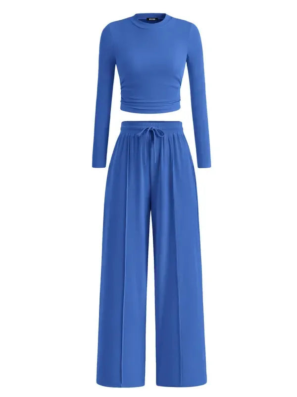 Women's comfortable two-piece modal lounge set with wide-leg pants for stylish everyday loungewear.