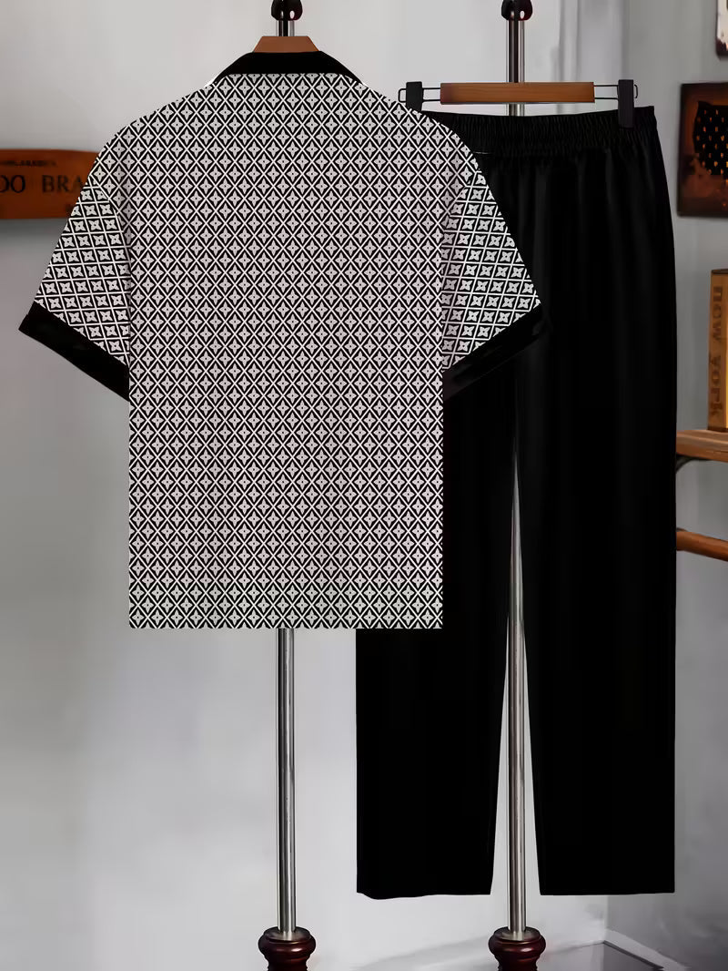 Breezy geometric coastal two-piece set for women. Lightweight matching summer outfit with a relaxed fit.