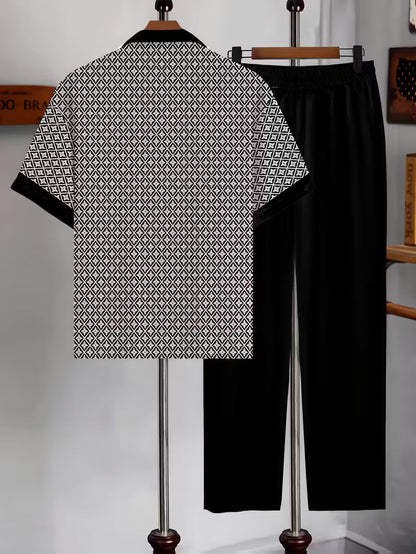 Breezy geometric coastal two-piece set for women. Lightweight matching summer outfit with a relaxed fit.