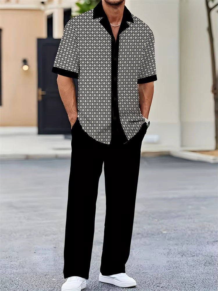 Relaxed fit women's coastal two-piece set featuring a breezy geometric pattern. Ideal for summer days.