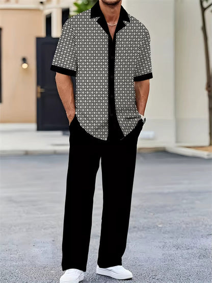 Relaxed fit women's coastal two-piece set featuring a breezy geometric pattern. Ideal for summer days.